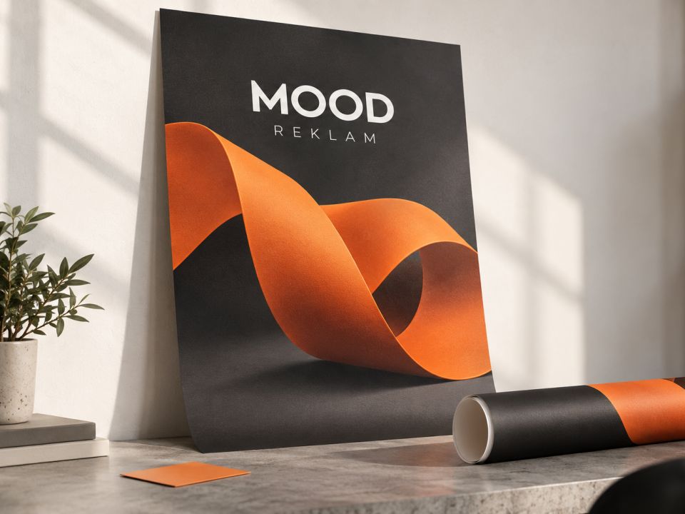 Duvara yaslanmış turuncu şeritli MOOD REKLAM afişi ve yanında rulo hâlinde poster baskı