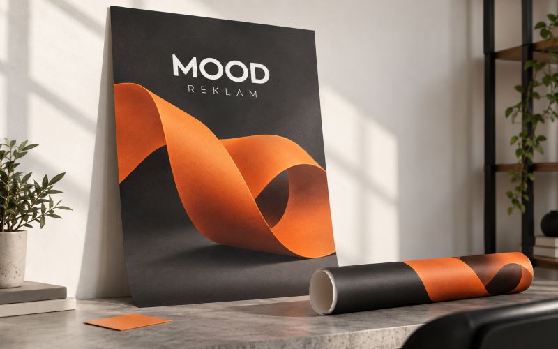 Duvara yaslanmış turuncu şeritli MOOD REKLAM afişi ve yanında rulo hâlinde poster baskı