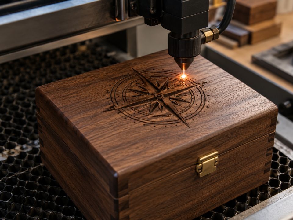 Lazer makinesinde ceviz ahşap kutunun kapağına pusula motifi işlenmesi