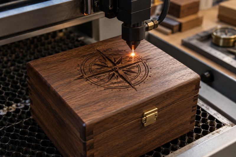 Lazer makinesinde ceviz ahşap kutunun kapağına pusula motifi işlenmesi