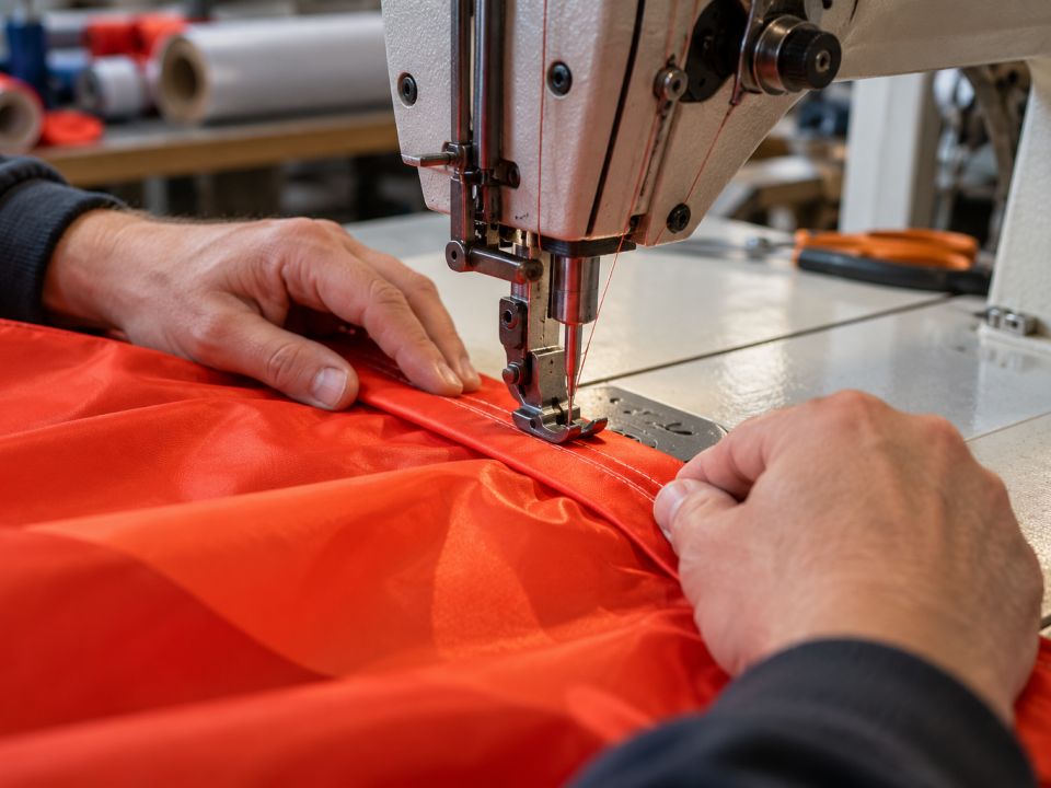 Endüstriyel dikiş makinesinde kırmızı bayrak kumaşının kenar dikişi