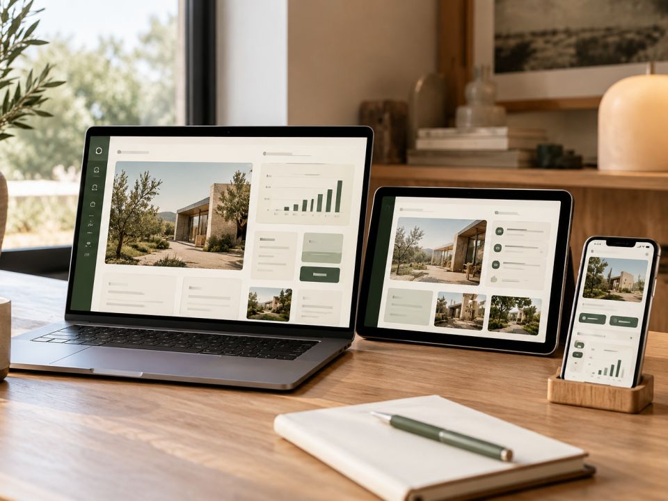 Dizüstü bilgisayar, tablet ve telefonda aynı orman yeşili ve fildişi tonlu web arayüzü