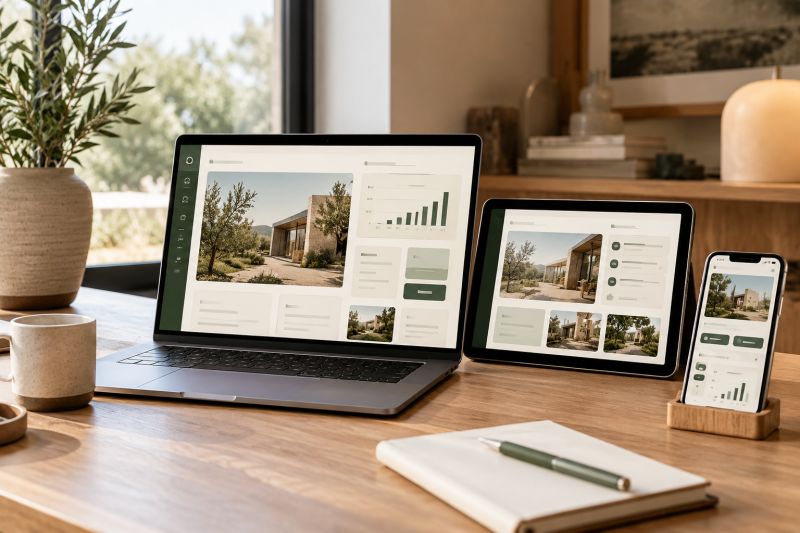 Dizüstü bilgisayar, tablet ve telefonda aynı orman yeşili ve fildişi tonlu web arayüzü