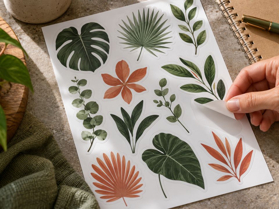 Yaprak desenli sticker tabakasından bir etiketin elle soyulması