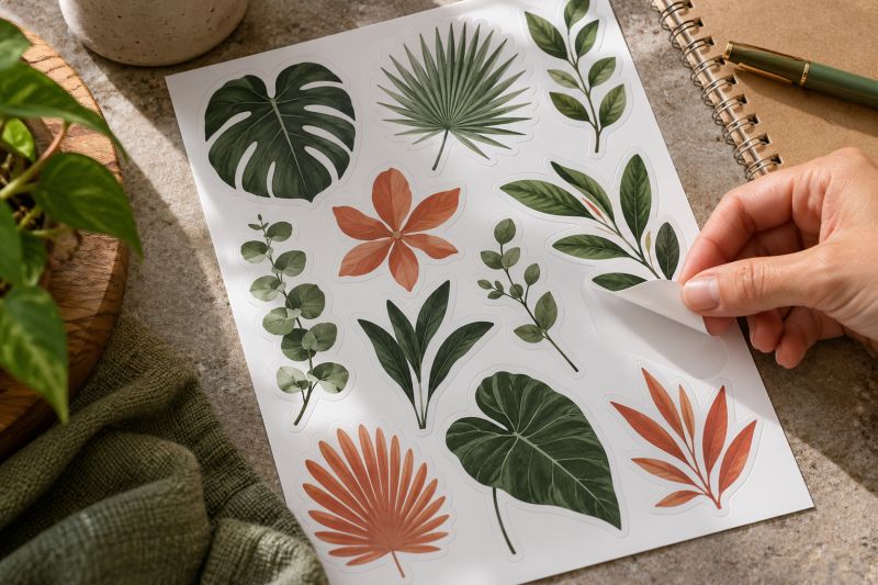 Yaprak desenli sticker tabakasından bir etiketin elle soyulması