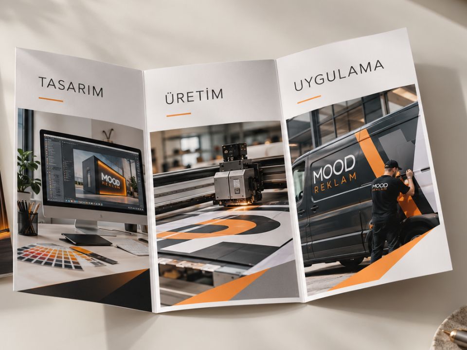 Tasarım, üretim ve uygulama başlıklı üç kırımlı Mood Reklam broşürü