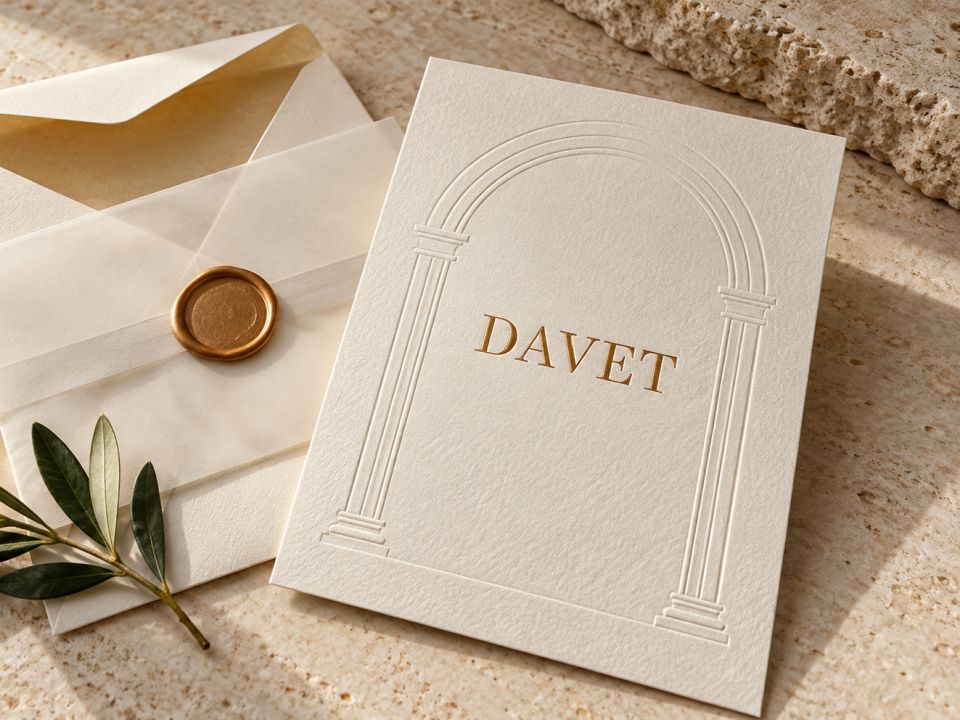 Kabartma kemer desenli, altın yaldız DAVET yazılı fildişi davetiye ve mühürlü zarfı