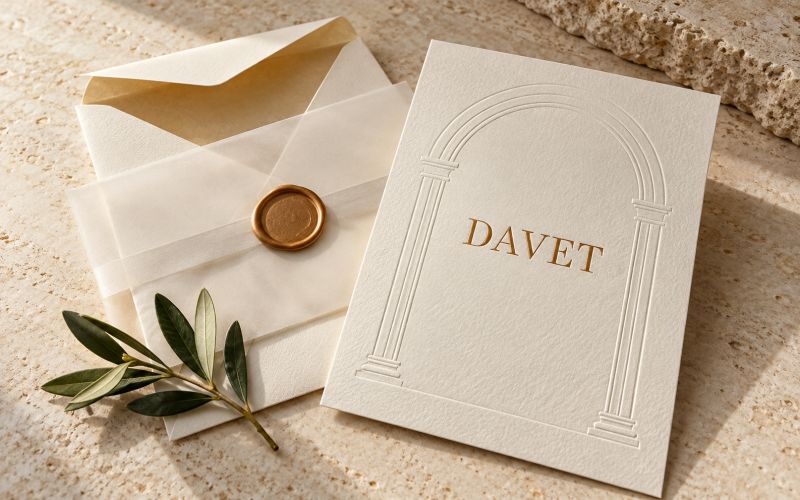 Kabartma kemer desenli, altın yaldız DAVET yazılı fildişi davetiye ve mühürlü zarfı