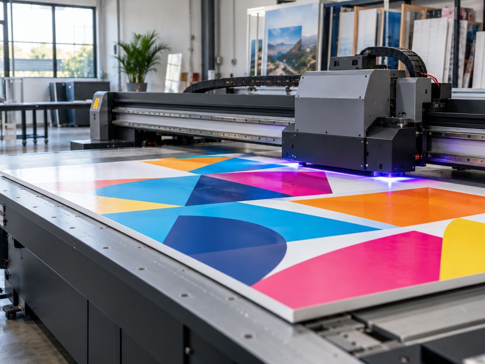 Düz yataklı UV baskı makinesinde levha üzerine basılan renkli geometrik desen