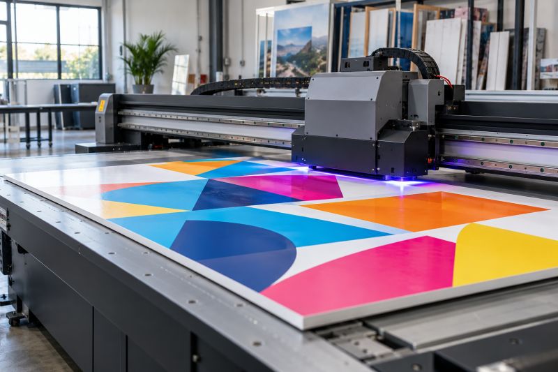 Düz yataklı UV baskı makinesinde levha üzerine basılan renkli geometrik desen