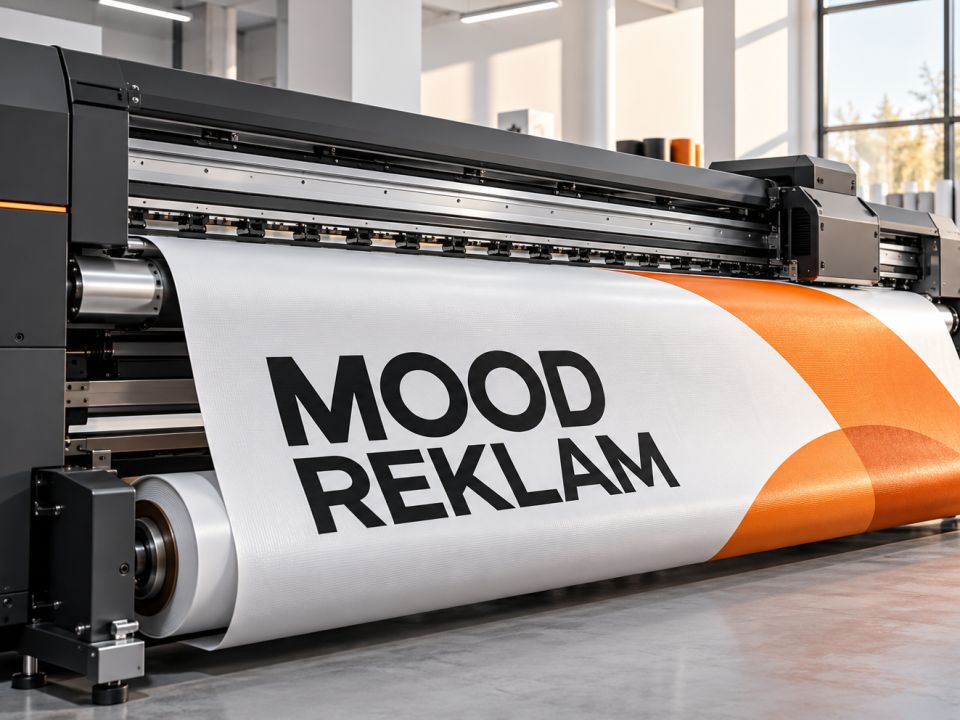 Geniş format dijital baskı makinesinden çıkan MOOD REKLAM yazılı vinil baskı