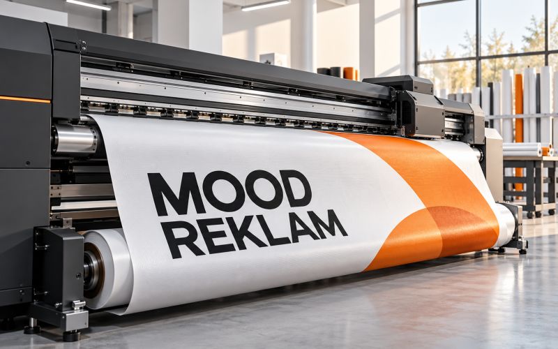 Geniş format dijital baskı makinesinden çıkan MOOD REKLAM yazılı vinil baskı