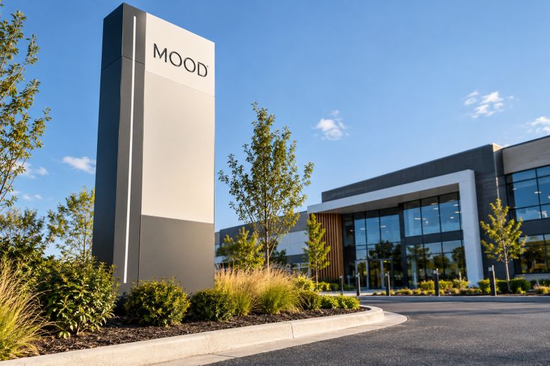 Peyzajlı otopark girişinde grafit ve fildişi renkli, üzerinde MOOD yazan dikdörtgen totem tabela