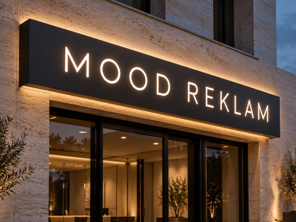 Traverten cepheli bir işletmenin girişinde akşam saatinde yanan ışıklı MOOD REKLAM tabelası