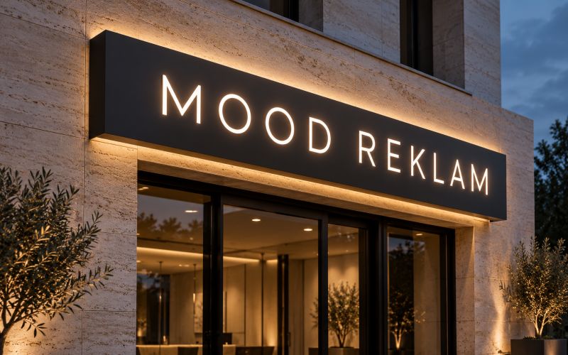 Traverten cepheli bir işletmenin girişinde akşam saatinde yanan ışıklı MOOD REKLAM tabelası