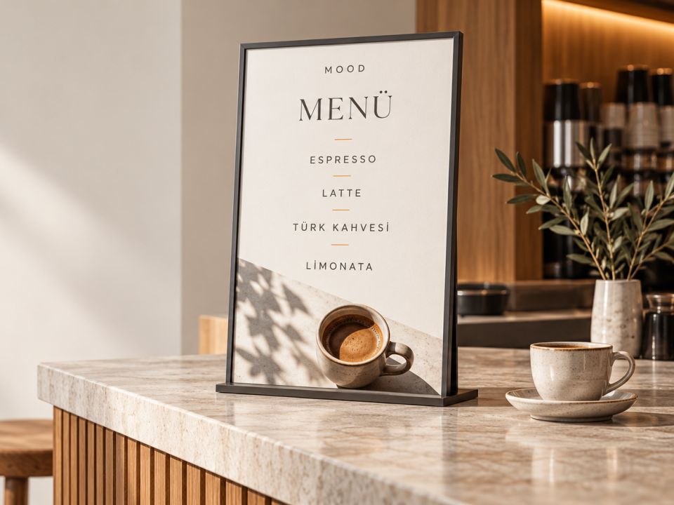 Kafe tezgâhında duran; espresso, latte, Türk kahvesi ve limonata yazılı çerçeveli menü panosu