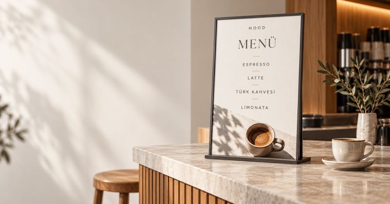 Kafe tezgâhında duran; espresso, latte, Türk kahvesi ve limonata yazılı çerçeveli menü panosu
