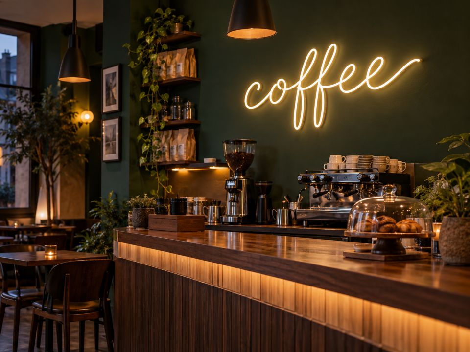 Koyu yeşil duvarında sıcak beyaz “coffee” LED neon yazısı bulunan, ahşap tezgâhlı kafe
