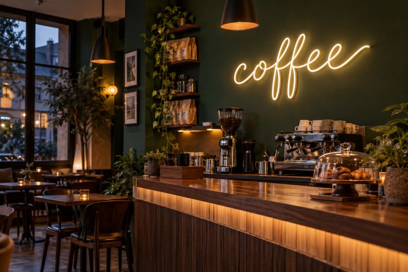 Koyu yeşil duvarında sıcak beyaz “coffee” LED neon yazısı bulunan, ahşap tezgâhlı kafe