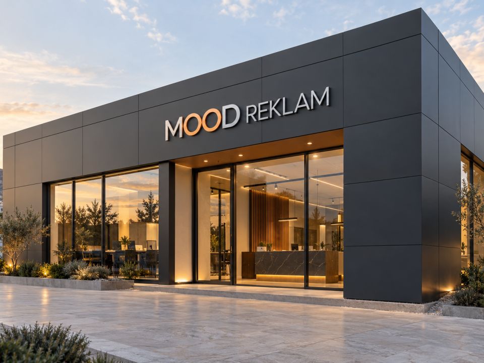 Antrasit kompozit panel kaplı cephesinde MOOD REKLAM kutu harf tabelası bulunan tek katlı iş yeri