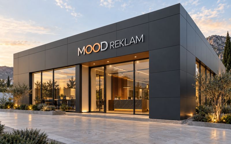 Antrasit kompozit panel kaplı cephesinde MOOD REKLAM kutu harf tabelası bulunan tek katlı iş yeri