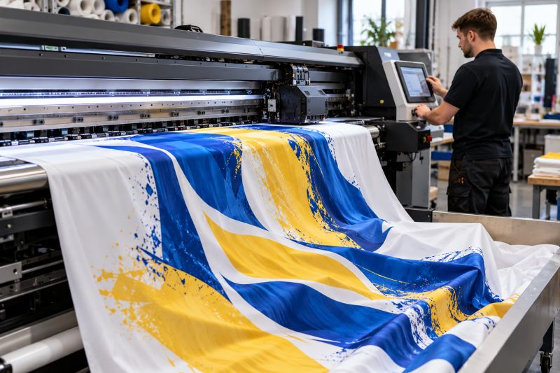 Geniş format tekstil baskı makinesinden çıkan mavi ve sarı desenli bayrak kumaşı