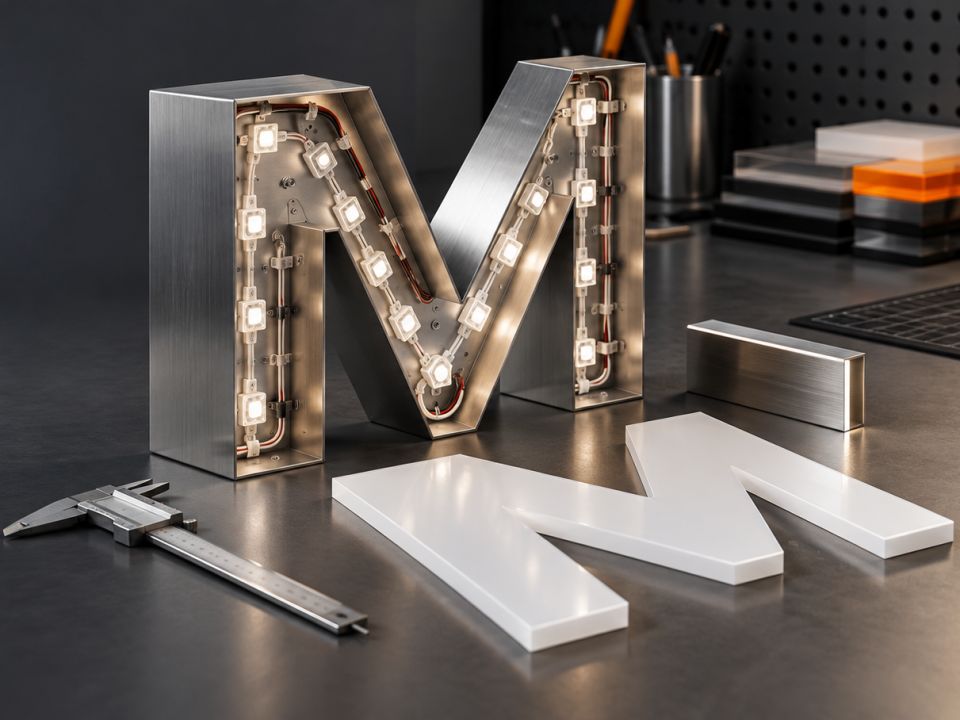 İçine LED modülleri dizilmiş paslanmaz M kutu harfi, yanında pleksi ön yüzü ve kumpas
