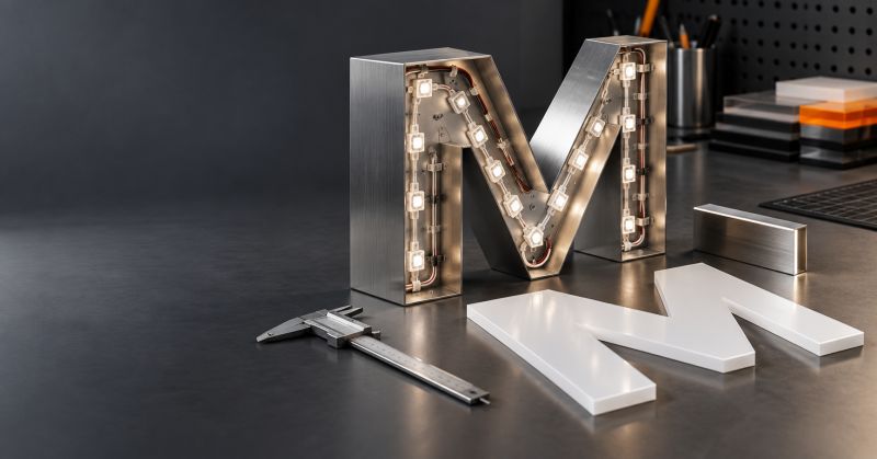 İçine LED modülleri dizilmiş paslanmaz M kutu harfi, yanında pleksi ön yüzü ve kumpas