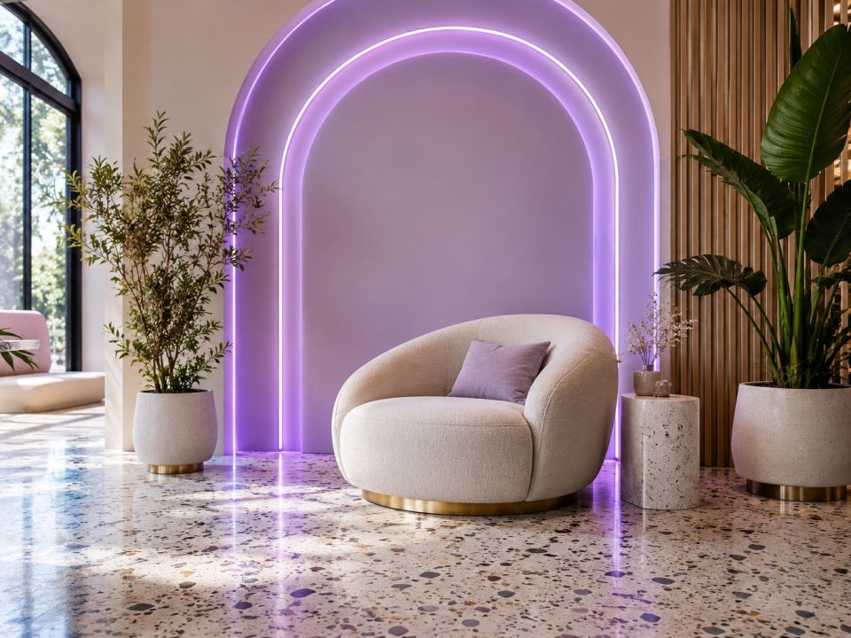 Kemerli lavanta duvarı mor LED neon çizgilerle çevrelenmiş, beyaz koltuklu ve terrazzo zeminli salon köşesi