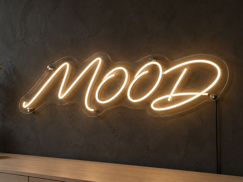 Koyu duvarda şeffaf pleksi üzerine sıcak beyaz LED neon ile yazılmış MOOD yazısı