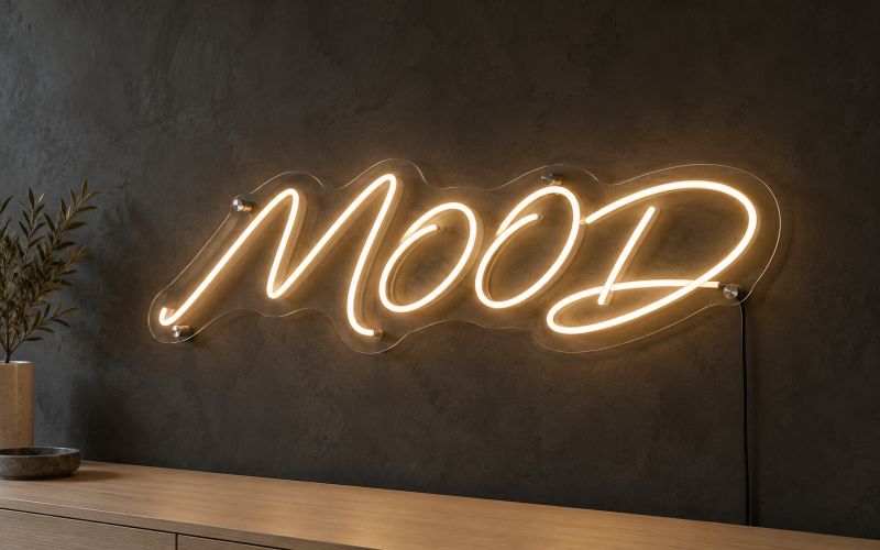 Koyu duvarda şeffaf pleksi üzerine sıcak beyaz LED neon ile yazılmış MOOD yazısı