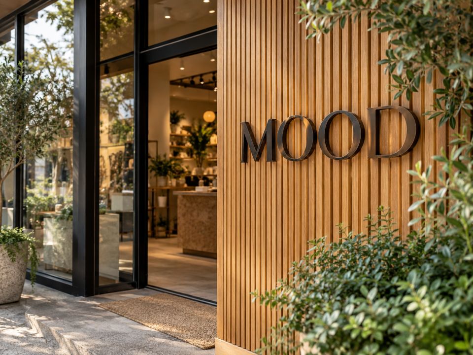 Meşe çıtalarla kaplı butik girişinde duvara mesafeli monte edilmiş koyu metal MOOD harfleri ve saksı bitkileri