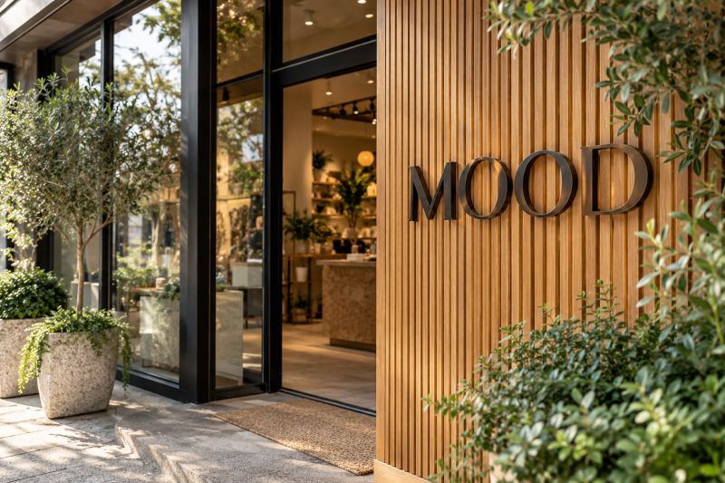 Meşe çıtalarla kaplı butik girişinde duvara mesafeli monte edilmiş koyu metal MOOD harfleri ve saksı bitkileri