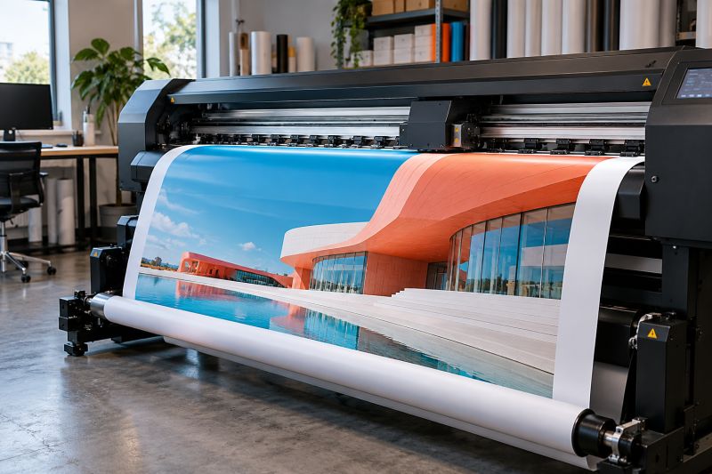 Geniş format baskı makinesinden çıkan, turuncu çatılı bina görselli afiş baskısı