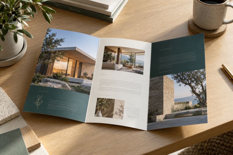 Ahşap masada açık duran, modern ev fotoğraflı teal ve krem renkli katlamalı broşür