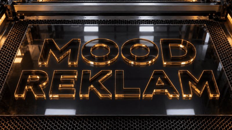 Lazer kesim makinesinin tablasında, koyu akrilik levhadan kesilmiş kenarları ışıldayan MOOD REKLAM harfleri