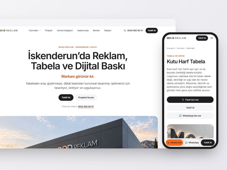 Mood Reklam web sitesinin masaüstünde anasayfası ve telefonda kutu harf hizmet sayfası