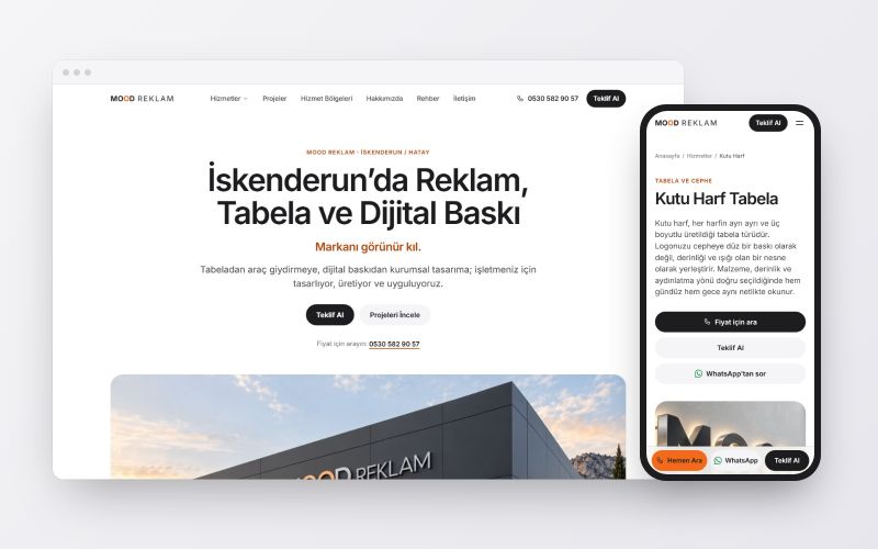Mood Reklam web sitesinin masaüstünde anasayfası ve telefonda kutu harf hizmet sayfası