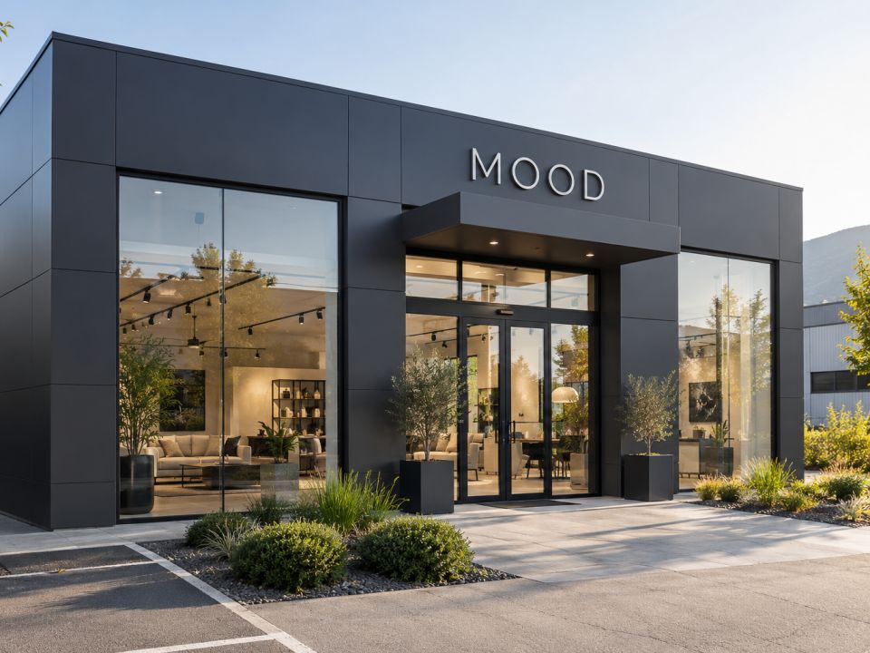 Antrasit panel kaplı, geniş camlı showroom cephesinin üstünde MOOD harfleri