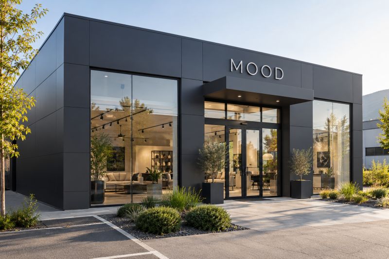 Antrasit panel kaplı, geniş camlı showroom cephesinin üstünde MOOD harfleri