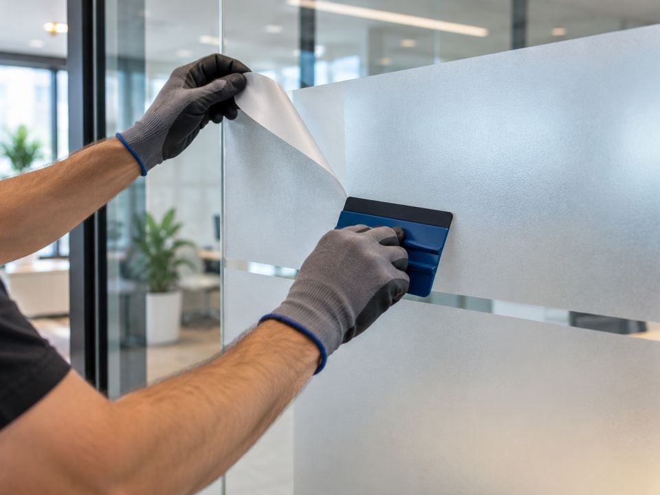 Eldivenli ellerin ofis camına saten buzlu folyoyu raketle yapıştırması