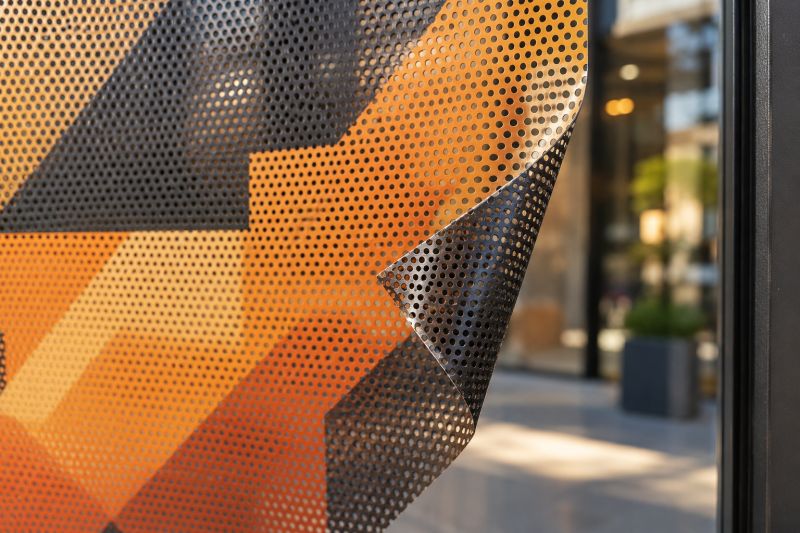 Cam üzerindeki baskılı One Way Vision folyonun düzenli delikleri ve kaldırılmış siyah arka yüzü