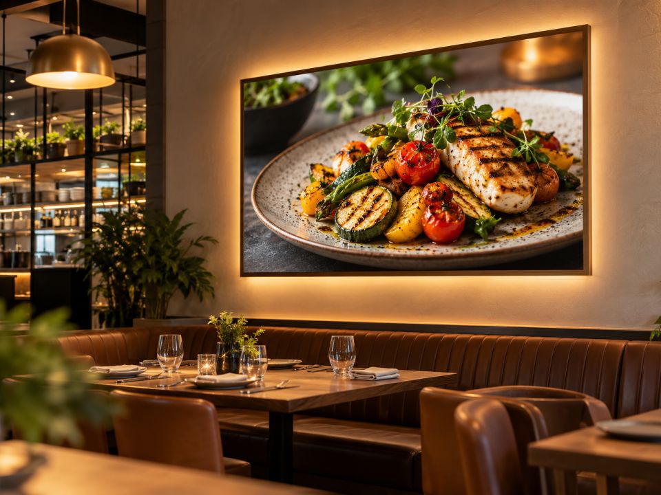 Restoran duvarında arkadan aydınlatılan, ızgara yemek fotoğraflı bronz çerçeveli pano