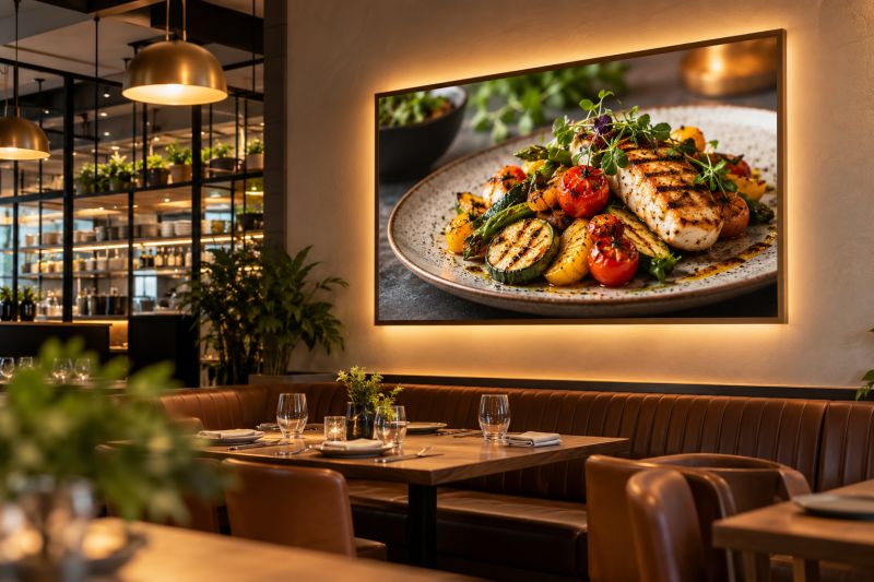 Restoran duvarında arkadan aydınlatılan, ızgara yemek fotoğraflı bronz çerçeveli pano