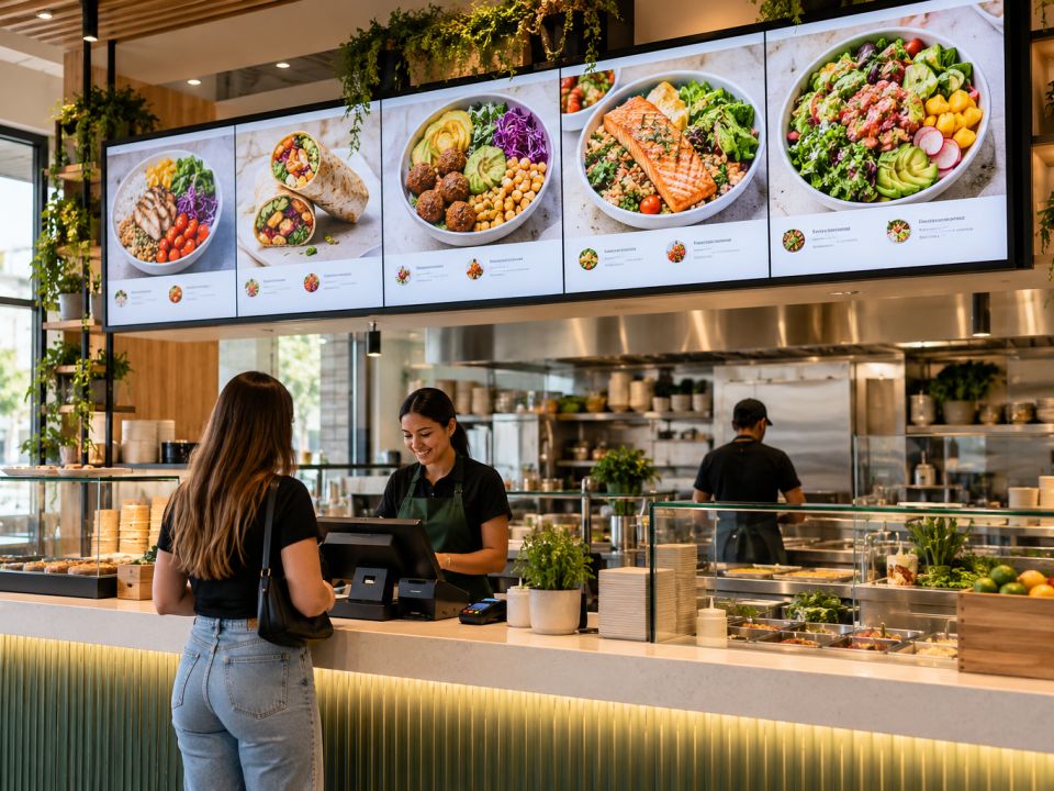 Kasa üstünde yan yana dizilmiş, salata ve yemek fotoğrafları gösteren dijital menü ekranları