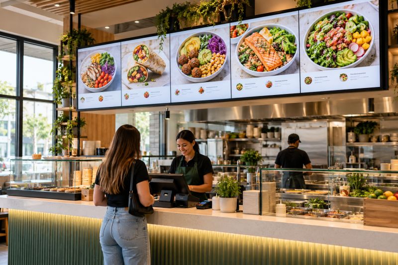 Kasa üstünde yan yana dizilmiş, salata ve yemek fotoğrafları gösteren dijital menü ekranları