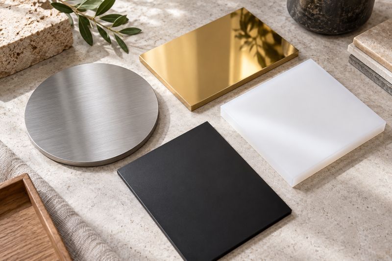 Taş tezgâh üzerinde fırçalanmış çelik, altın renkli metal, siyah ve opal beyaz pleksi tabela malzemesi numuneleri