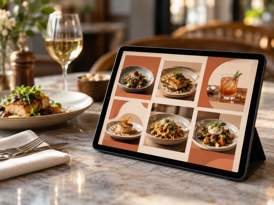 Restoran masasında tablet ekranında terrakota tonlarında yemek fotoğraflı kampanya tasarımı