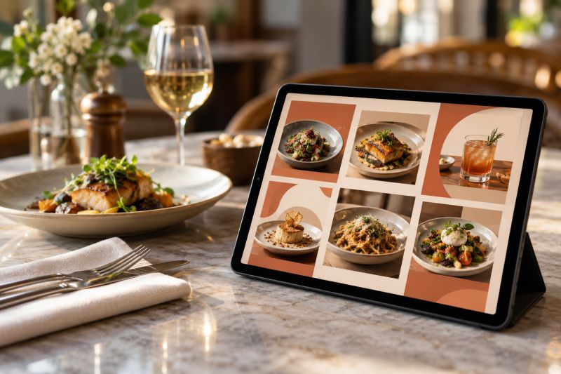 Restoran masasında tablet ekranında terrakota tonlarında yemek fotoğraflı kampanya tasarımı
