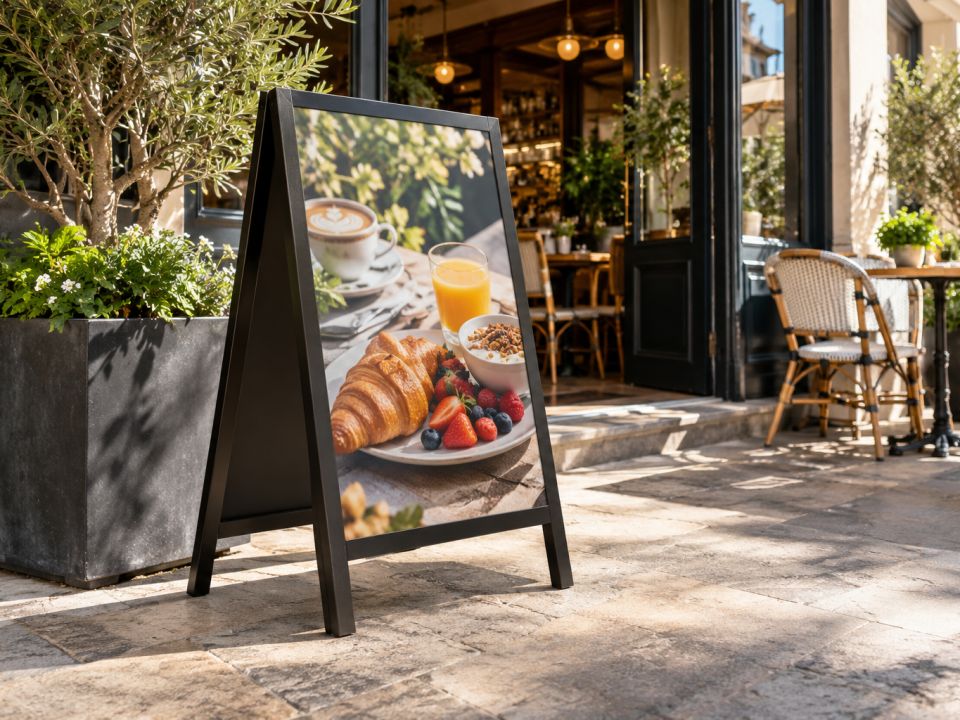 Güneşli kafe terasında kahvaltı tabağı fotoğraflı, siyah çerçeveli ayaklı A pano